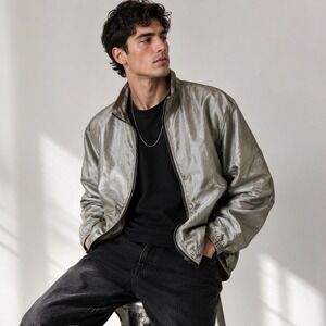 Vintage 90s Ezze Wear Jacket Disco Twill Silver Sage Green Metallic XL